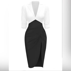 WHITE & BLACK NOTCHED COLLAR
RUCHED BODYCON DRESS